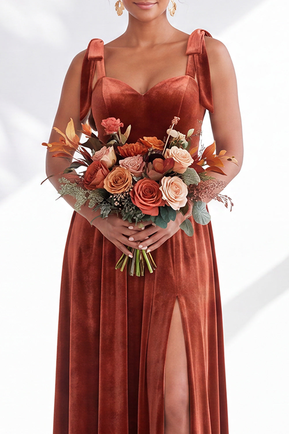 Coffee A-Line Velvet Long Wedding Guest Dress with Bows