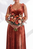 Coffee A-Line Velvet Long Wedding Guest Dress with Bows