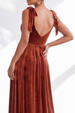 Coffee A-Line Velvet Long Wedding Guest Dress with Bows