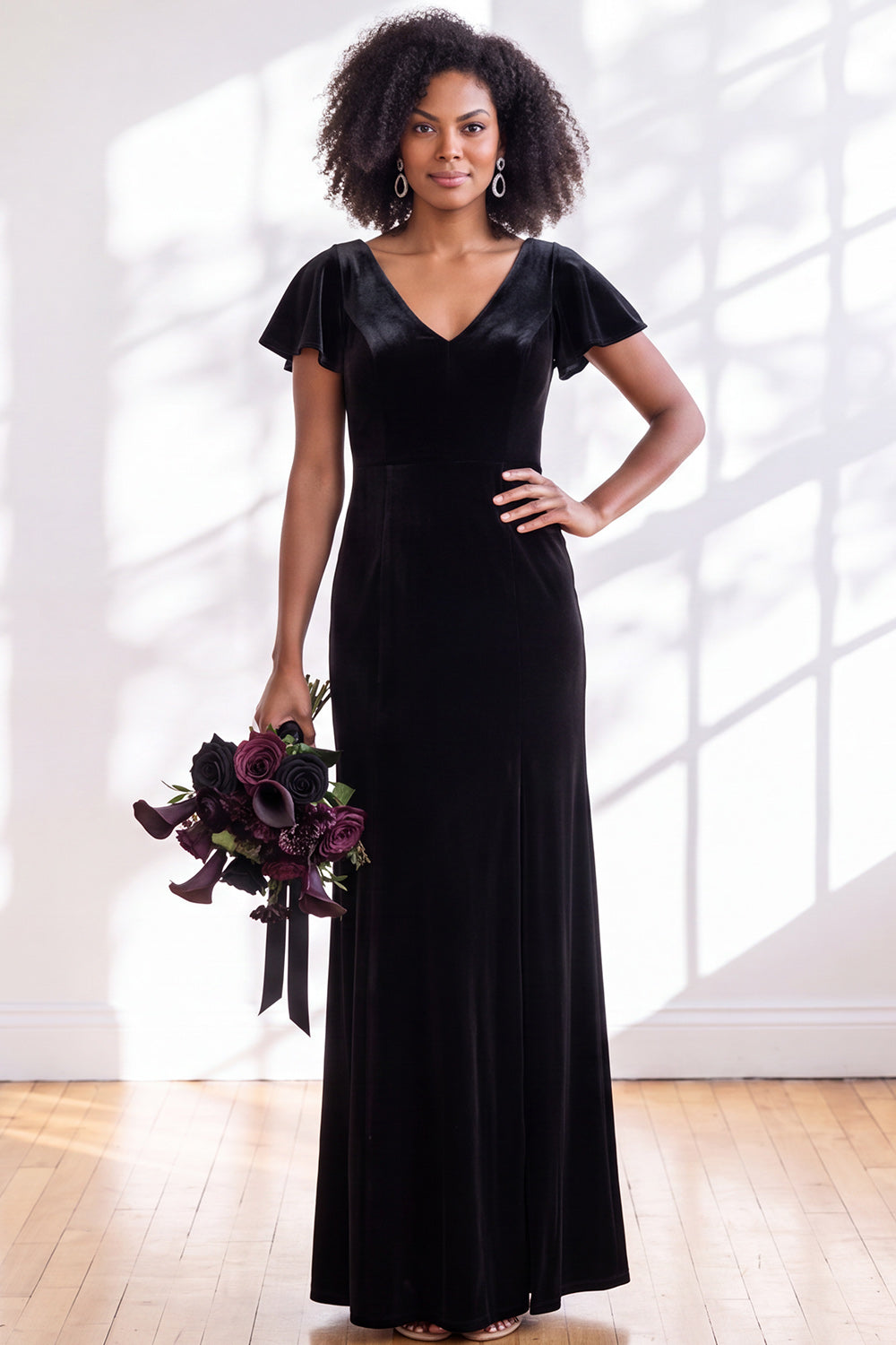 Golden Brown Sheath V-Neck Long Velvet Wedding Guest Dress with Sleeves