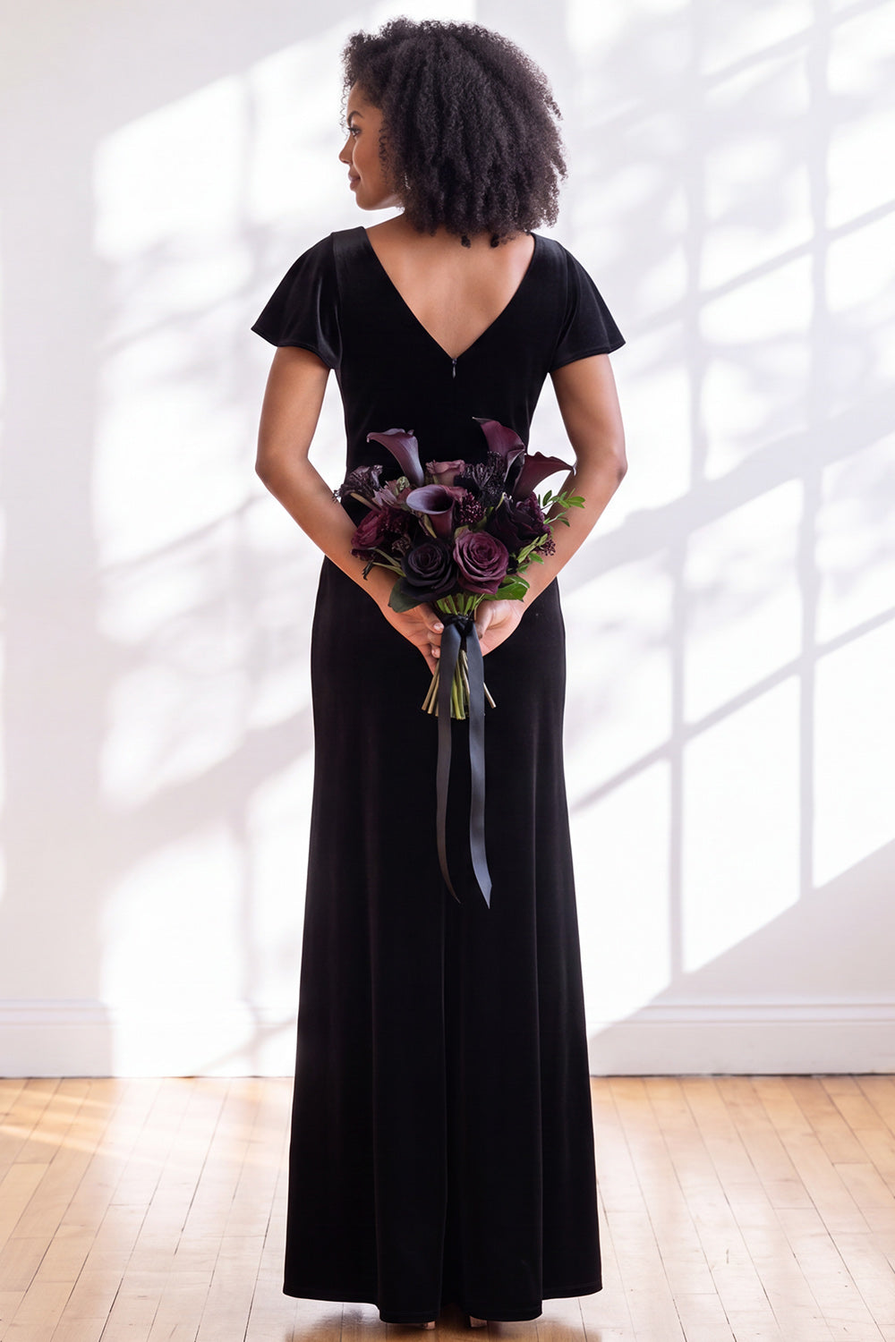 Golden Brown Sheath V-Neck Long Velvet Wedding Guest Dress with Sleeves