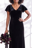 Golden Brown Sheath V-Neck Long Velvet Wedding Guest Dress with Sleeves