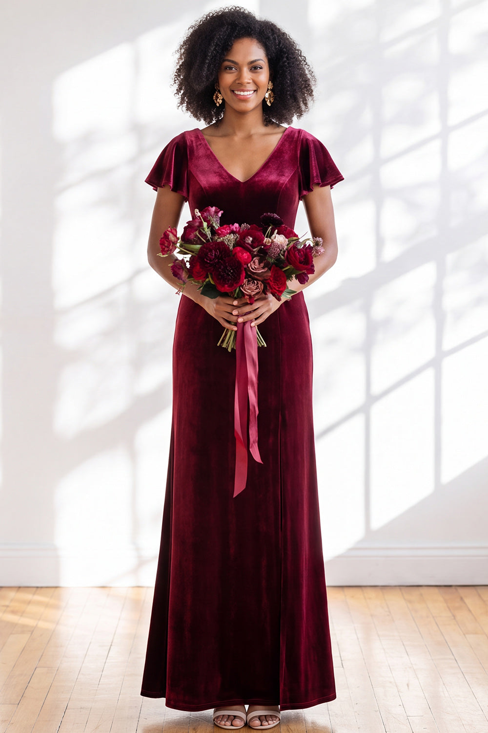 Golden Brown Sheath V-Neck Long Velvet Wedding Guest Dress with Sleeves