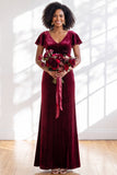 Golden Brown Sheath V-Neck Long Velvet Wedding Guest Dress with Sleeves
