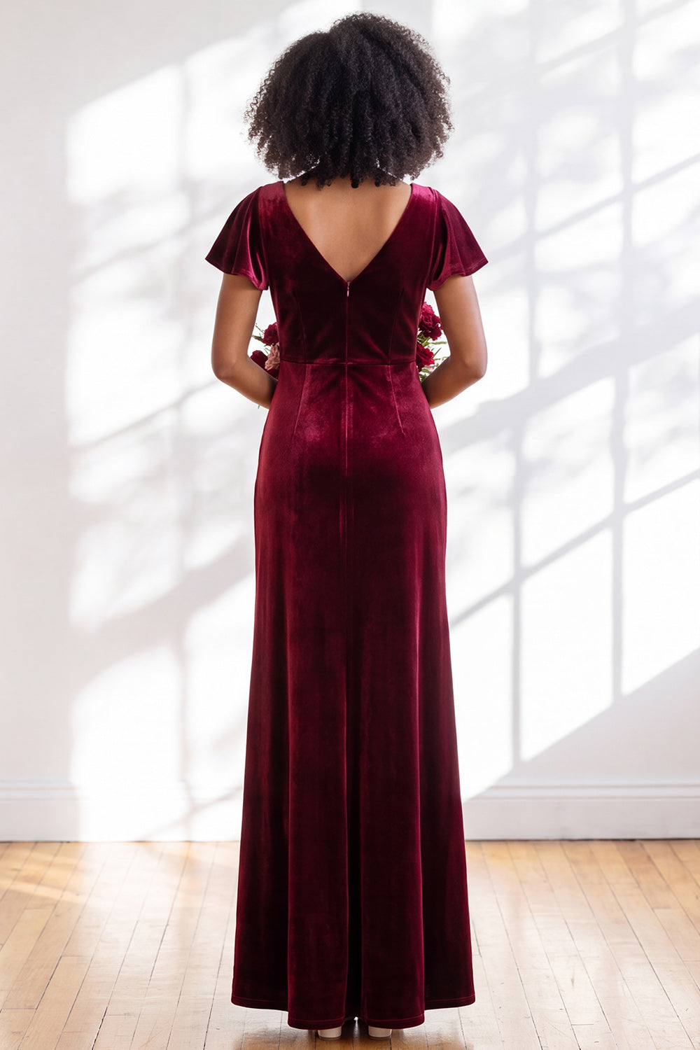 Golden Brown Sheath V-Neck Long Velvet Wedding Guest Dress with Sleeves