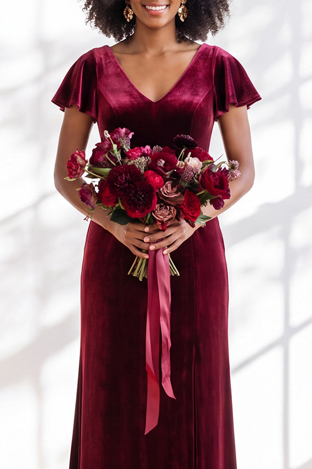 Golden Brown Sheath V-Neck Long Velvet Wedding Guest Dress with Sleeves