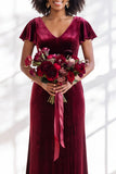 Golden Brown Sheath V-Neck Long Velvet Wedding Guest Dress with Sleeves
