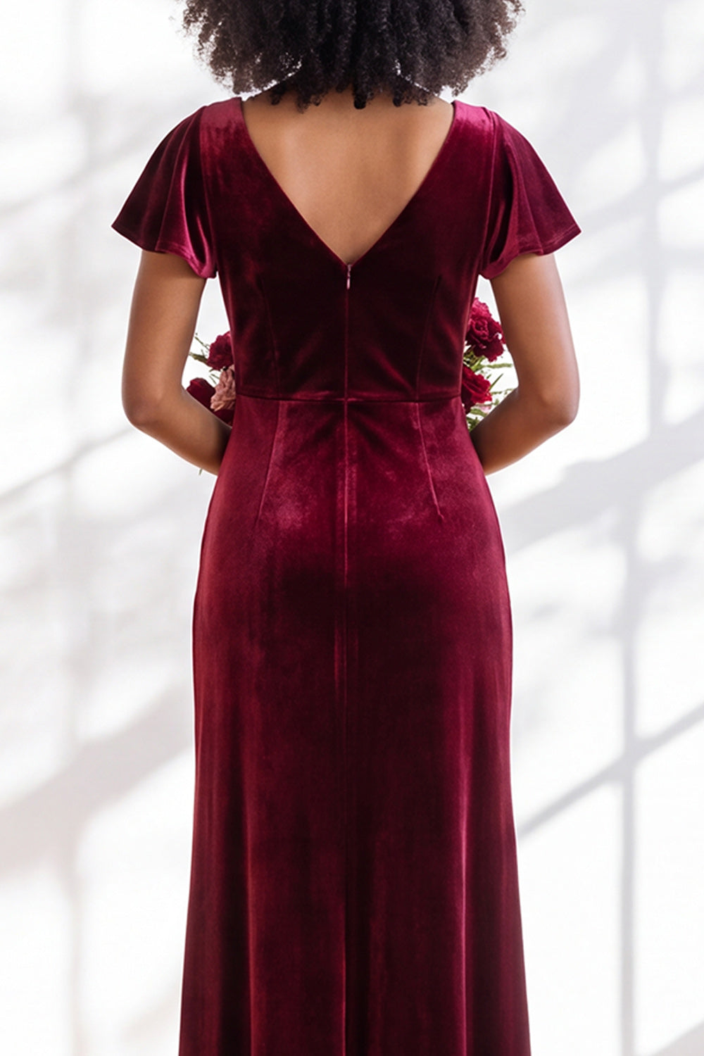 Golden Brown Sheath V-Neck Long Velvet Wedding Guest Dress with Sleeves