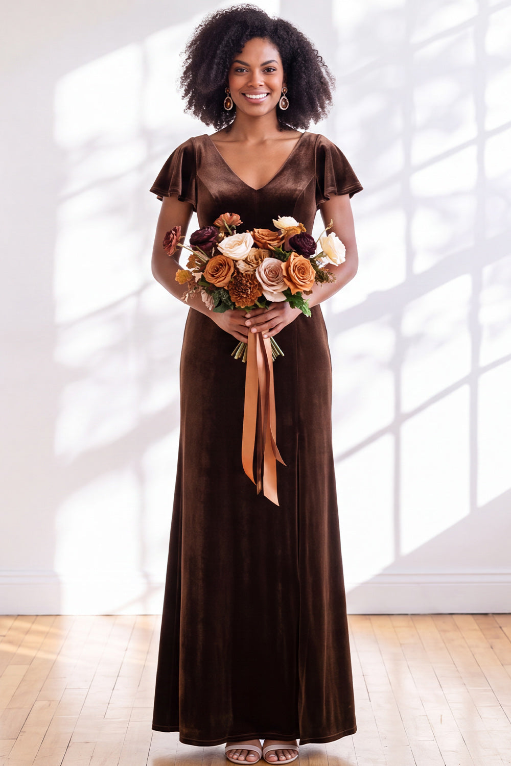 Golden Brown Sheath V-Neck Long Velvet Wedding Guest Dress with Sleeves