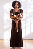 Golden Brown Sheath V-Neck Long Velvet Wedding Guest Dress with Sleeves
