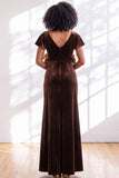 Golden Brown Sheath V-Neck Long Velvet Wedding Guest Dress with Sleeves