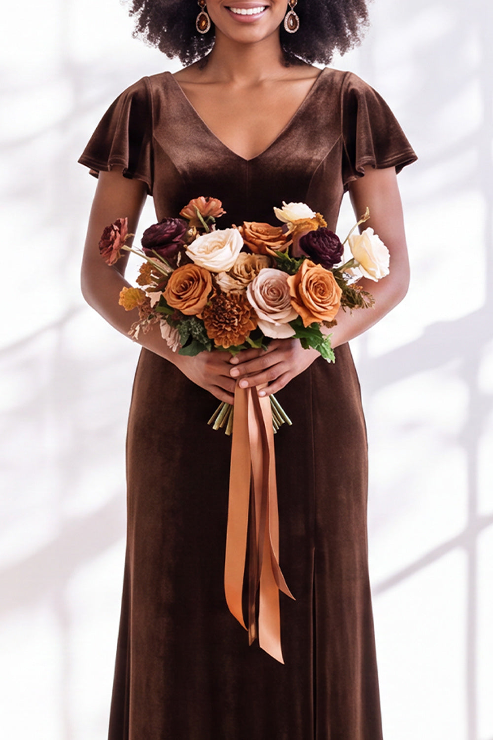 Golden Brown Sheath V-Neck Long Velvet Wedding Guest Dress with Sleeves