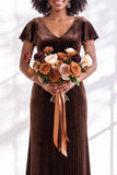Golden Brown Sheath V-Neck Long Velvet Wedding Guest Dress with Sleeves
