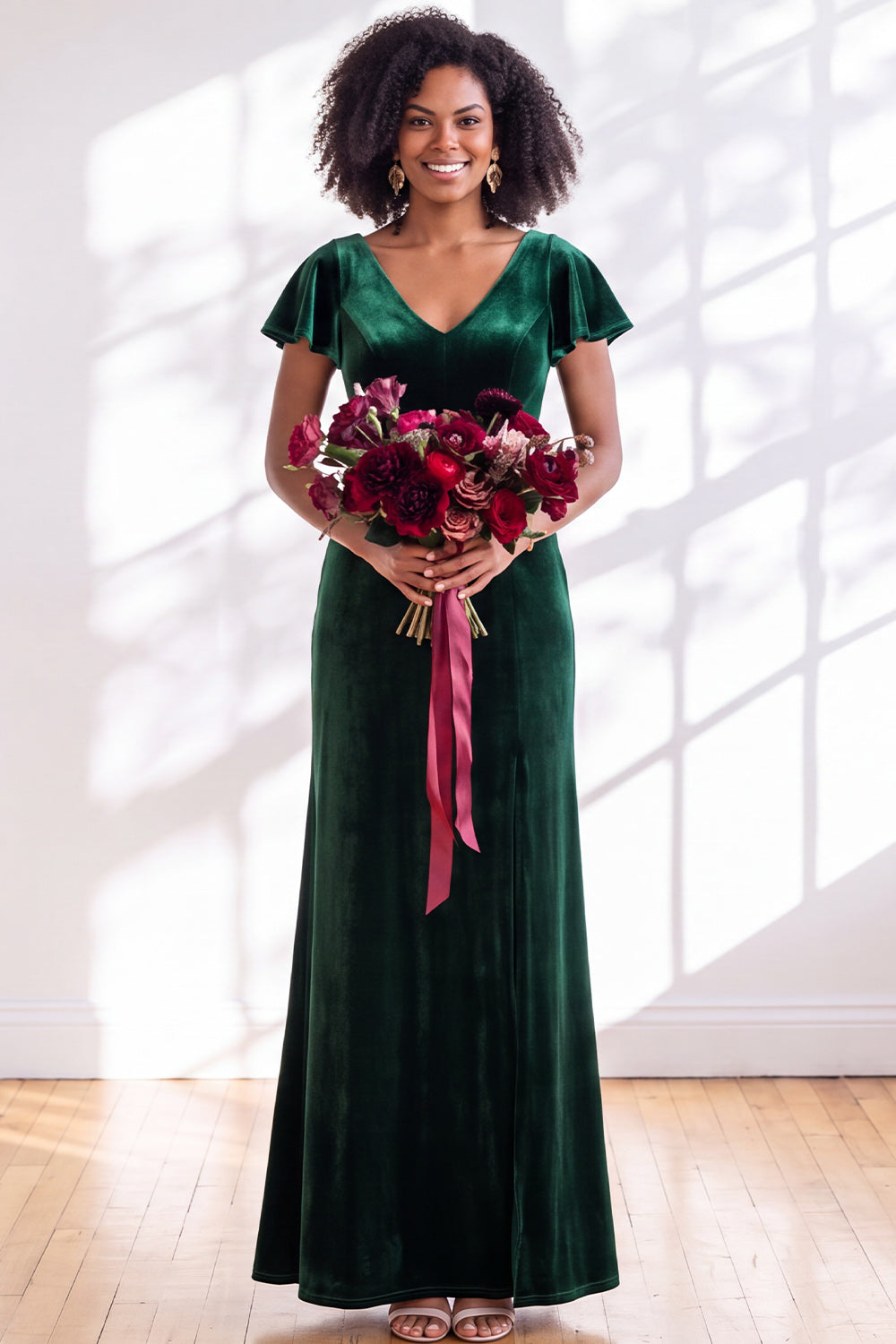 Golden Brown Sheath V-Neck Long Velvet Wedding Guest Dress with Sleeves