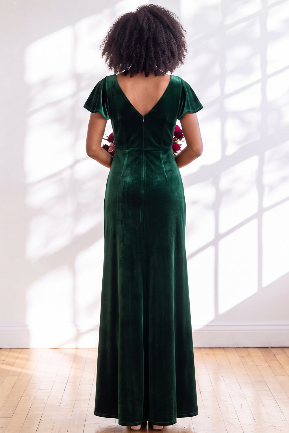 Golden Brown Sheath V-Neck Long Velvet Wedding Guest Dress with Sleeves