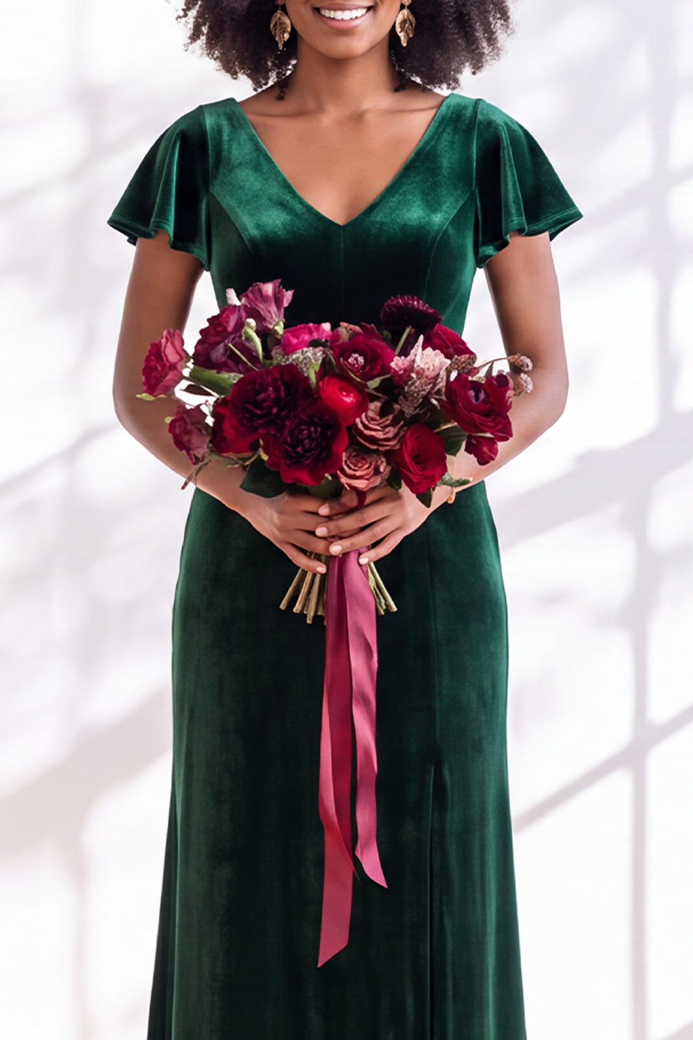 Golden Brown Sheath V-Neck Long Velvet Wedding Guest Dress with Sleeves