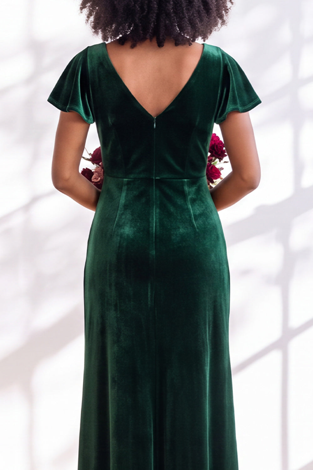 Golden Brown Sheath V-Neck Long Velvet Wedding Guest Dress with Sleeves