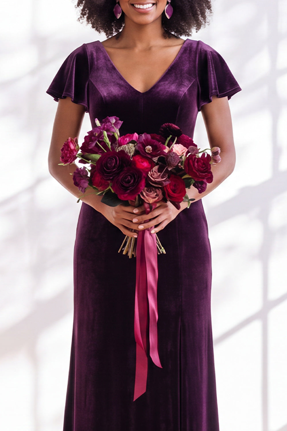Golden Brown Sheath V-Neck Long Velvet Wedding Guest Dress with Sleeves