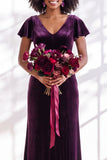 Golden Brown Sheath V-Neck Long Velvet Wedding Guest Dress with Sleeves