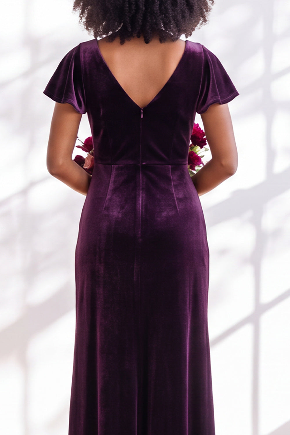 Golden Brown Sheath V-Neck Long Velvet Wedding Guest Dress with Sleeves