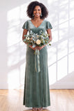 Golden Brown Sheath V-Neck Long Velvet Wedding Guest Dress with Sleeves