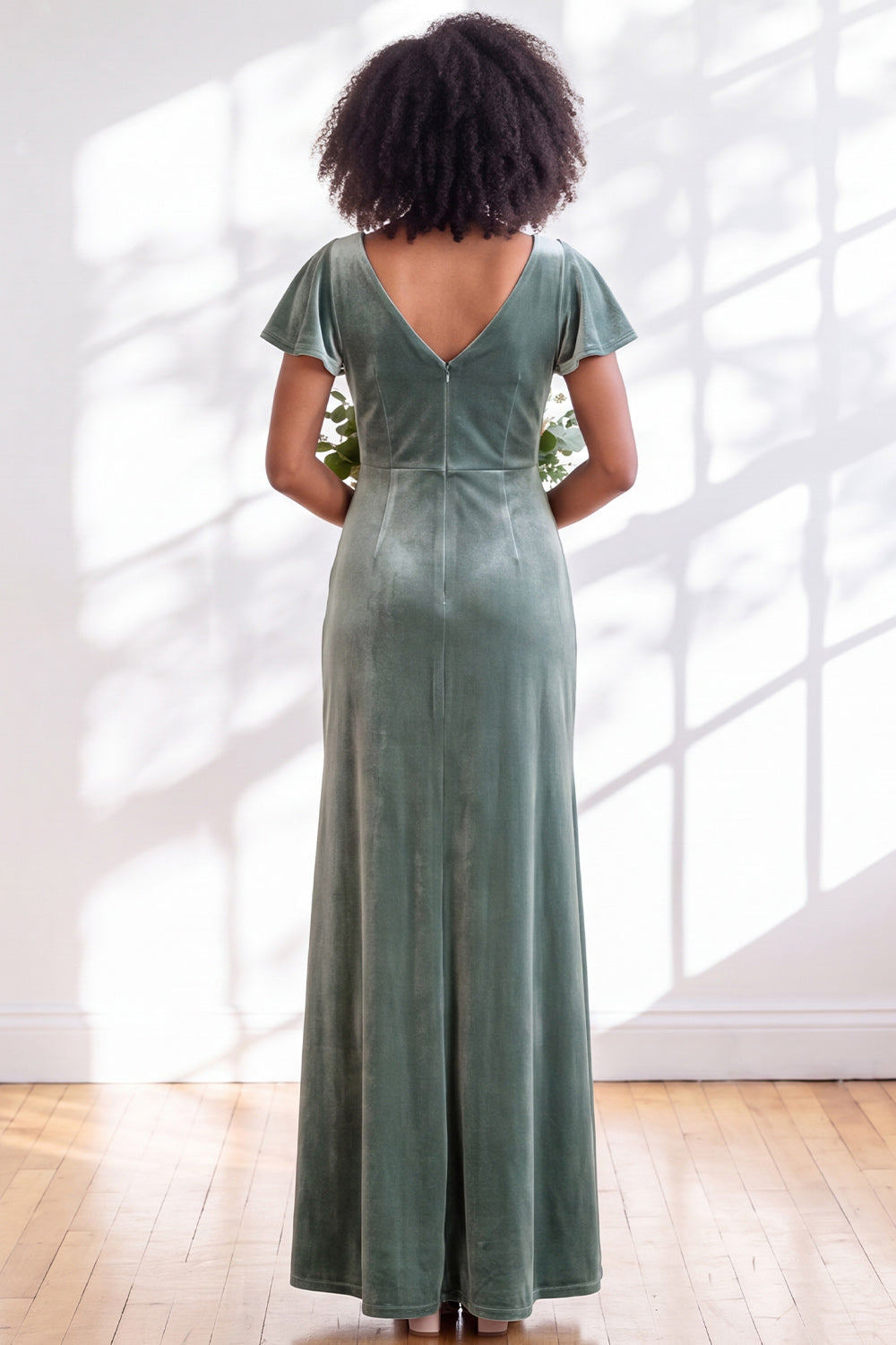 Golden Brown Sheath V-Neck Long Velvet Wedding Guest Dress with Sleeves