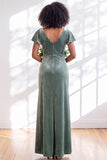 Golden Brown Sheath V-Neck Long Velvet Wedding Guest Dress with Sleeves