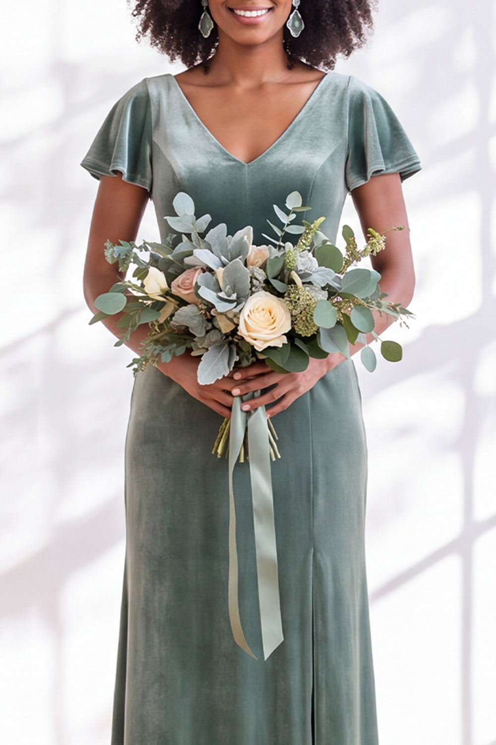 Golden Brown Sheath V-Neck Long Velvet Wedding Guest Dress with Sleeves