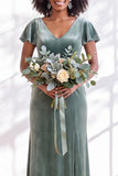 Golden Brown Sheath V-Neck Long Velvet Wedding Guest Dress with Sleeves