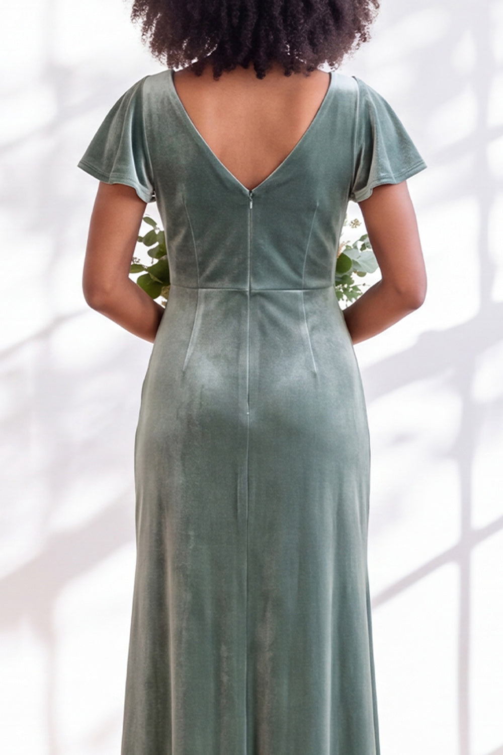 Golden Brown Sheath V-Neck Long Velvet Wedding Guest Dress with Sleeves
