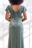 Golden Brown Sheath V-Neck Long Velvet Wedding Guest Dress with Sleeves