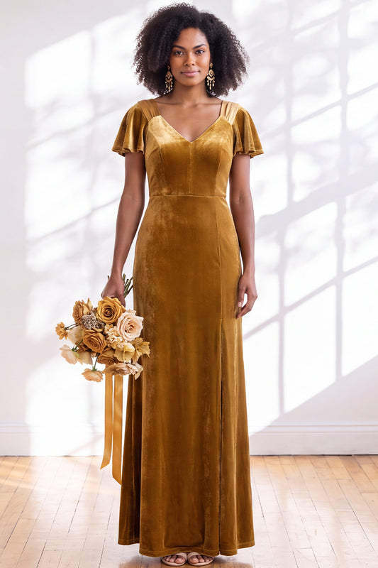 Golden Brown Sheath V-Neck Long Velvet Wedding Guest Dress with Sleeves