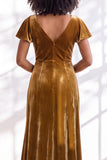 Golden Brown Sheath V-Neck Long Velvet Wedding Guest Dress with Sleeves