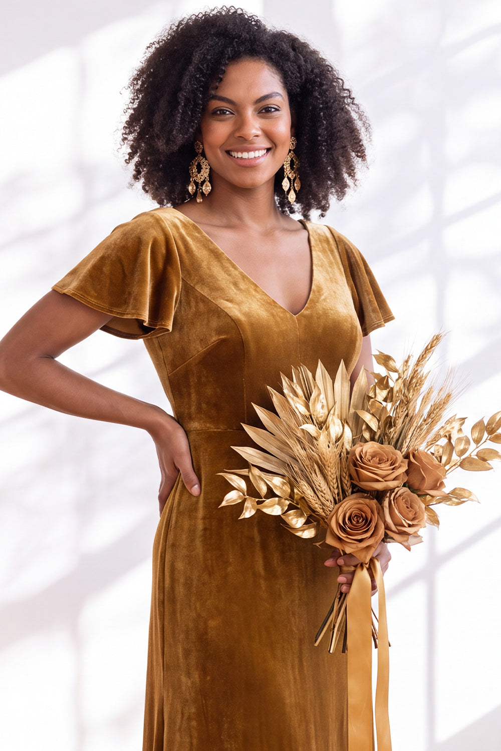 Golden Brown Sheath V-Neck Long Velvet Wedding Guest Dress with Sleeves