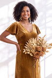 Golden Brown Sheath V-Neck Long Velvet Wedding Guest Dress with Sleeves