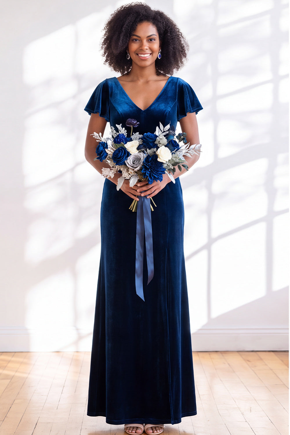 Golden Brown Sheath V-Neck Long Velvet Wedding Guest Dress with Sleeves
