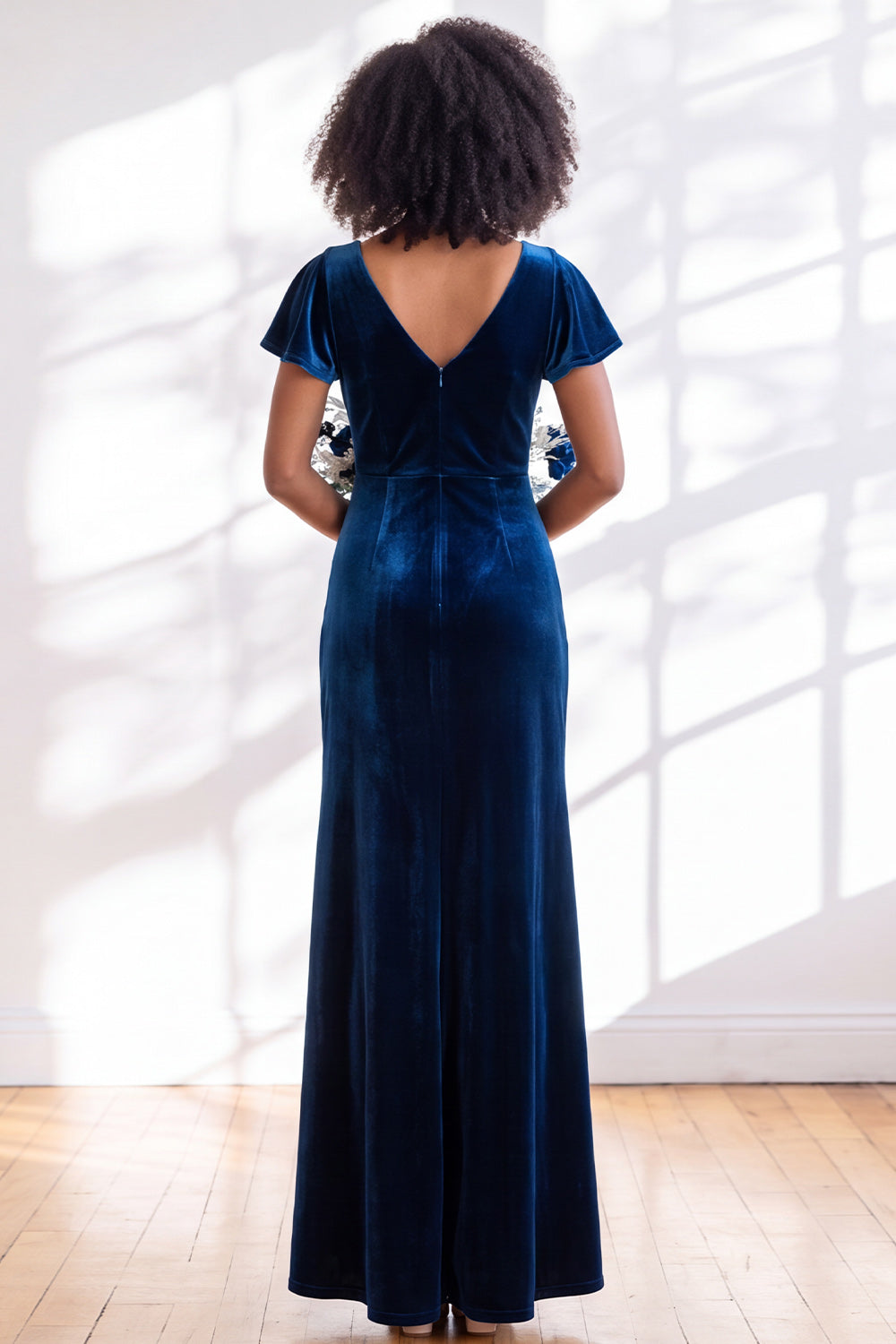 Golden Brown Sheath V-Neck Long Velvet Wedding Guest Dress with Sleeves