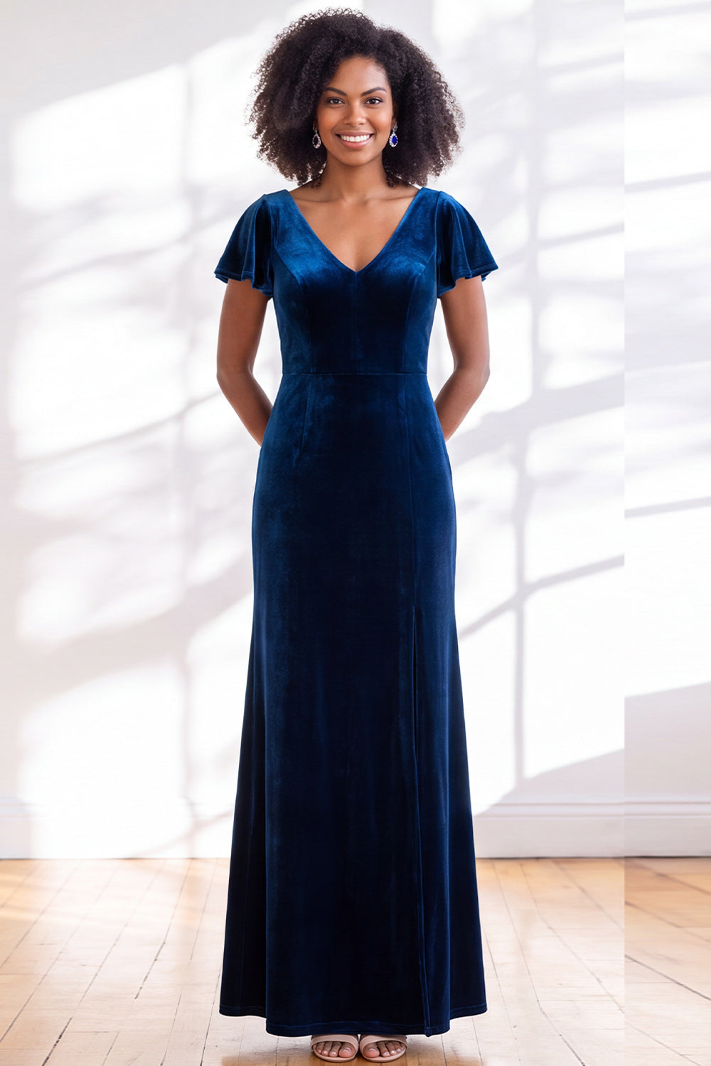Golden Brown Sheath V-Neck Long Velvet Wedding Guest Dress with Sleeves