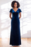 Golden Brown Sheath V-Neck Long Velvet Wedding Guest Dress with Sleeves