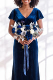 Golden Brown Sheath V-Neck Long Velvet Wedding Guest Dress with Sleeves