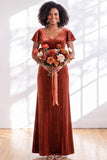 Golden Brown Sheath V-Neck Long Velvet Wedding Guest Dress with Sleeves