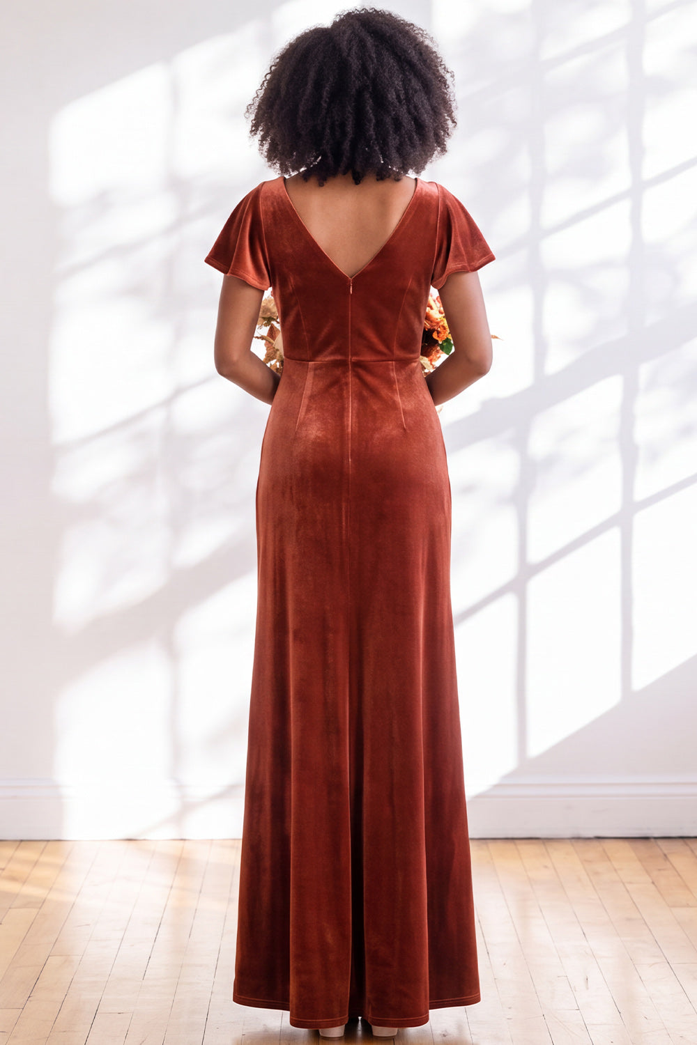 Golden Brown Sheath V-Neck Long Velvet Wedding Guest Dress with Sleeves