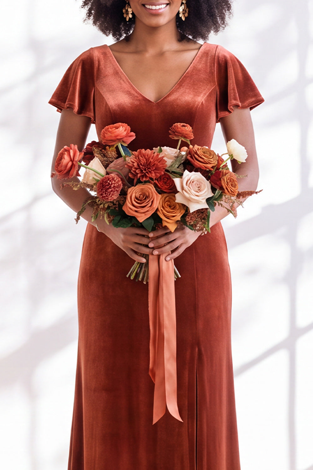 Golden Brown Sheath V-Neck Long Velvet Wedding Guest Dress with Sleeves