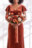Golden Brown Sheath V-Neck Long Velvet Wedding Guest Dress with Sleeves