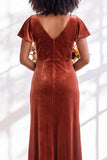 Golden Brown Sheath V-Neck Long Velvet Wedding Guest Dress with Sleeves