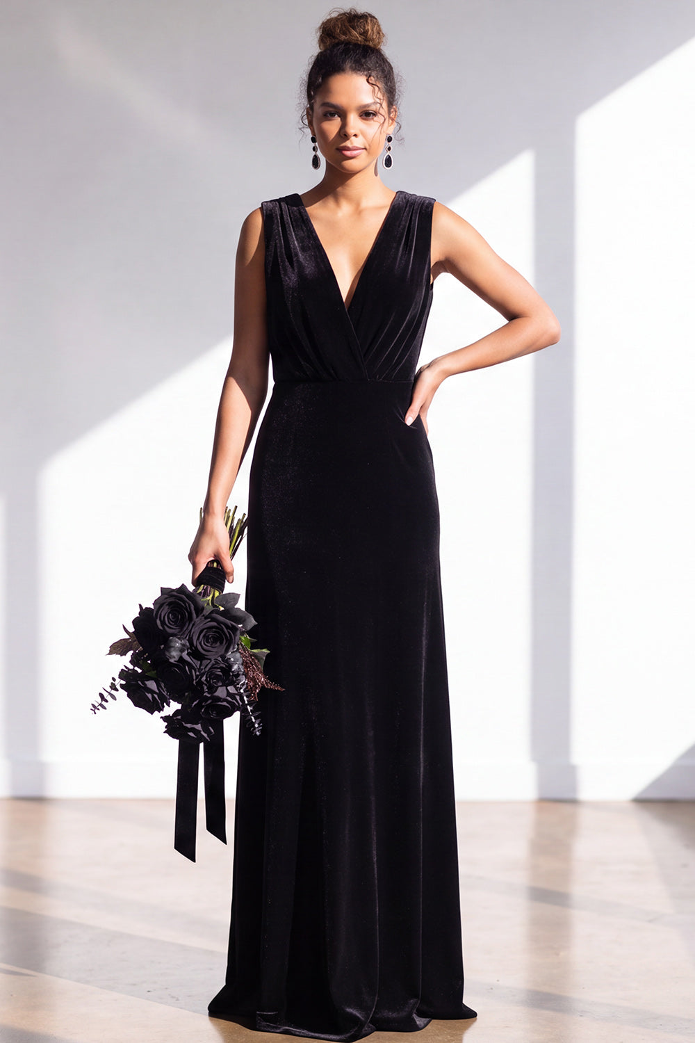 Terracotta Velvet Sheath V-Neck Long Wedding Guest Dress