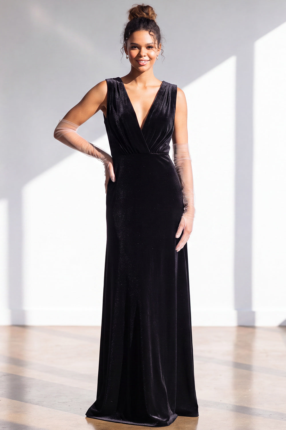 Terracotta Velvet Sheath V-Neck Long Wedding Guest Dress
