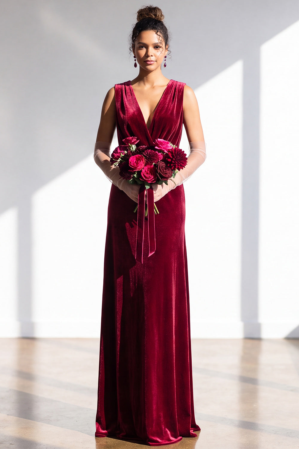Terracotta Velvet Sheath V-Neck Long Wedding Guest Dress