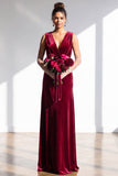 Terracotta Velvet Sheath V-Neck Long Wedding Guest Dress