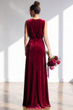 Terracotta Velvet Sheath V-Neck Long Wedding Guest Dress